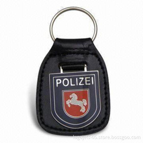 Leather Key Fob with Emblem, Available in Gold, Bronze, Chrome, and Antique Finishes